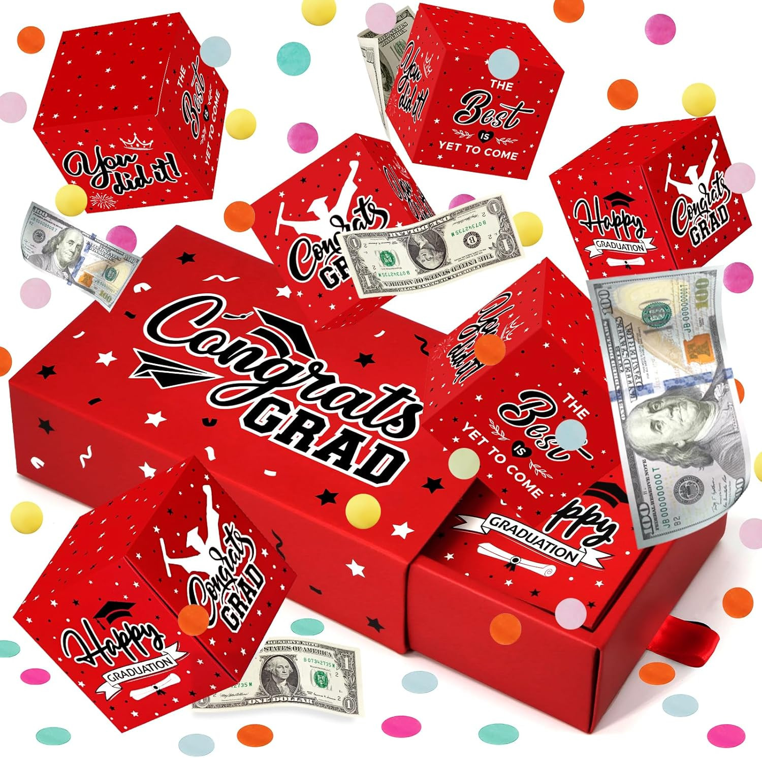 2026 Graduation Money Gift Box with Confetti – 10 Pcs Pop Out Surprise Red