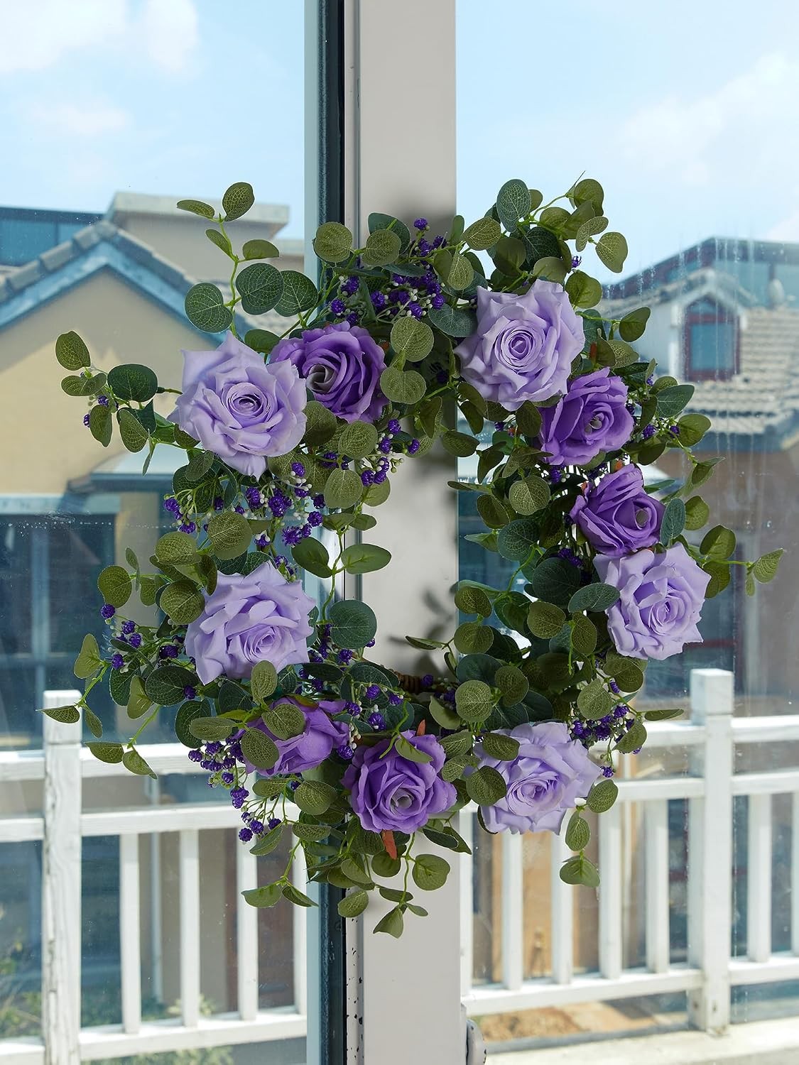5.91FT Artificial Eucalyptus Garland with Flowers, Fake Rose Gypsophila Garland,