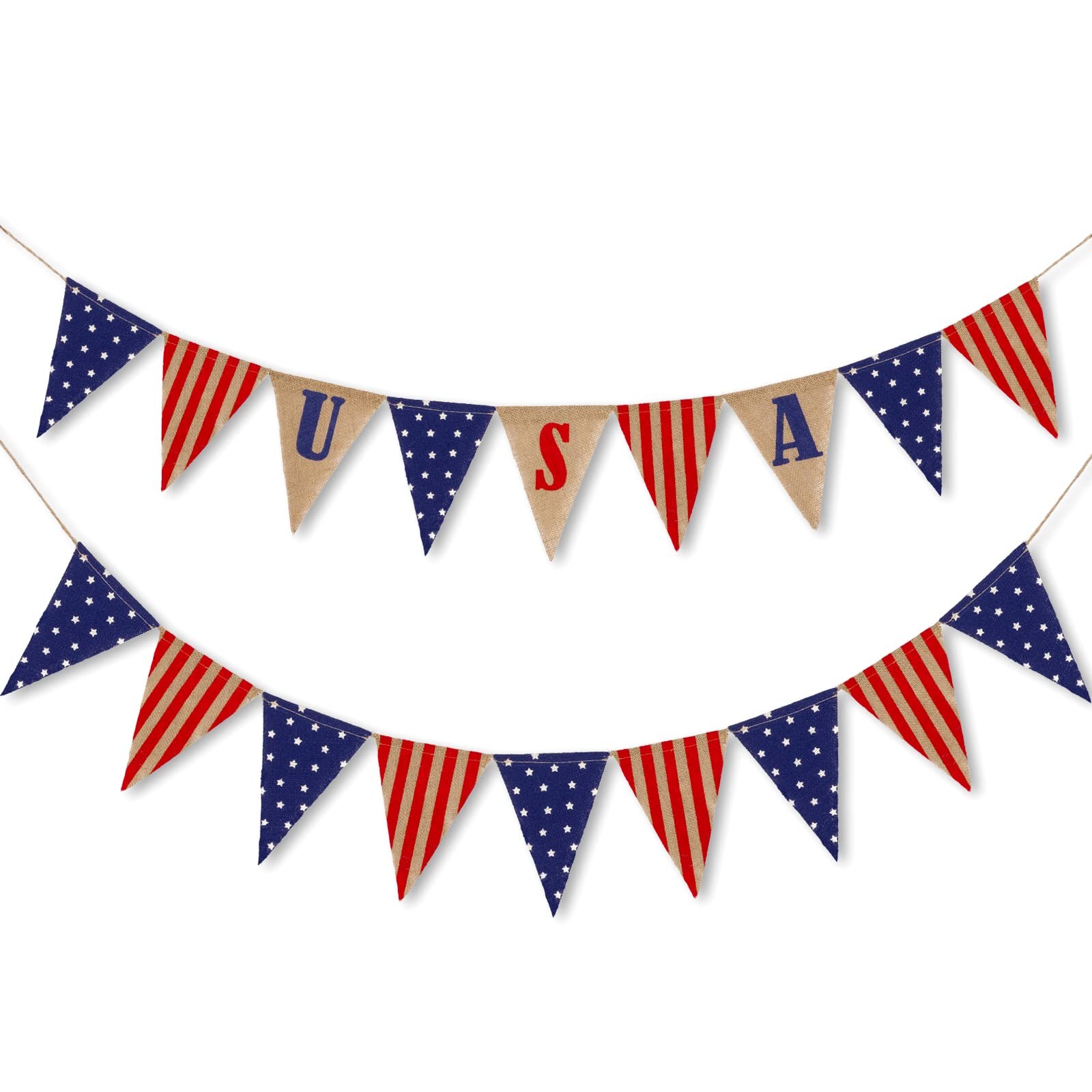 2 Pack Patriotic Burlap Banner 4th of July USA Flag Pennant Bunting Garland Red