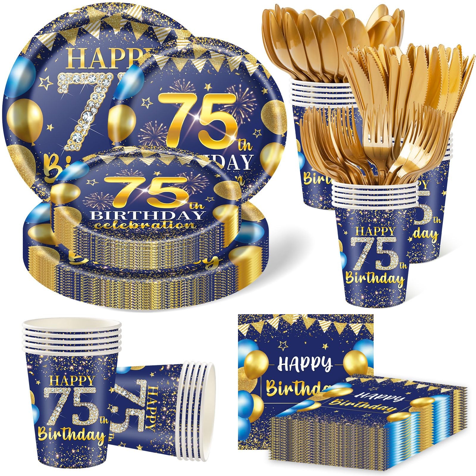 350PCS 75th Birthday Party Decorations for 50 Guests Blue and Gold Party Supp…