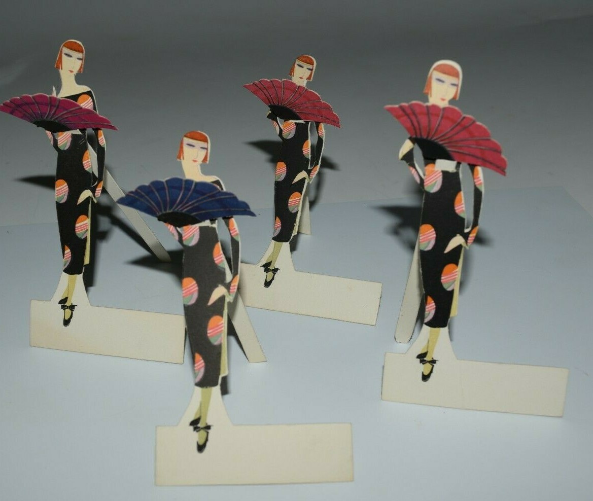 Vintage Art Deco Place Card Figure Stylized Exotic Women & Fans Asian 1920