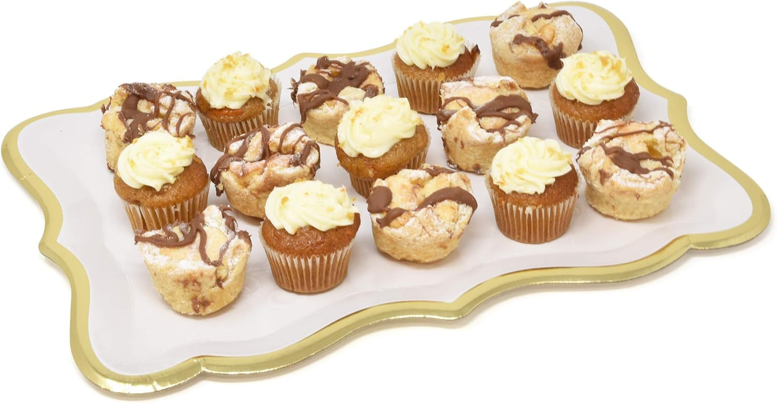 10 White Rectangle Trays with Gold Rim Border for Dessert Display Table Parti…