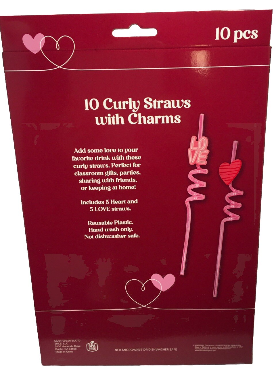 VALENTINES LOVE ~ HEARTS ❤️ 10 PK REUSABLE CURLY STRAWS BPA FREE NIB
