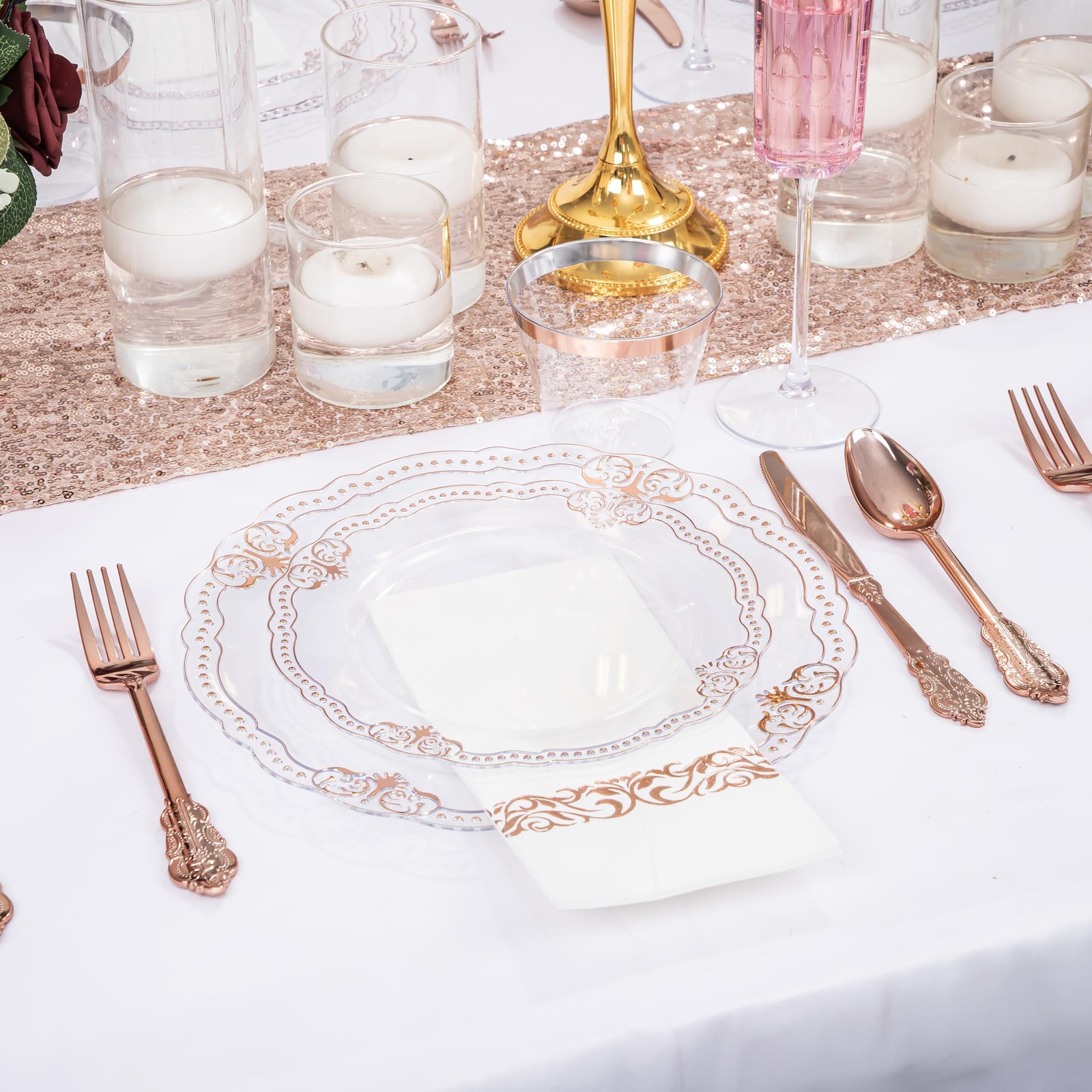 175 PCS Rose and Gold Plastic Plates – Fancy Rose Gold Disposable Dinnerware …