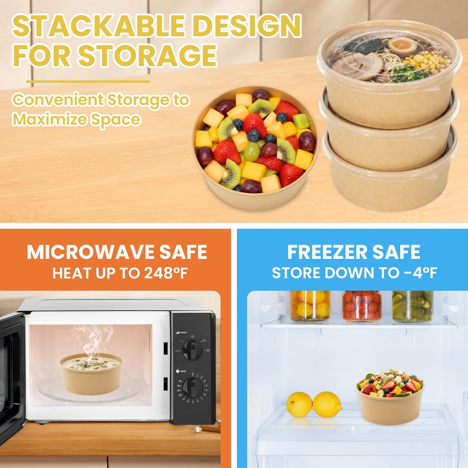 50 Count 25 oz Large Disposable Paper Bowls with Lids, Salad Containers for L…