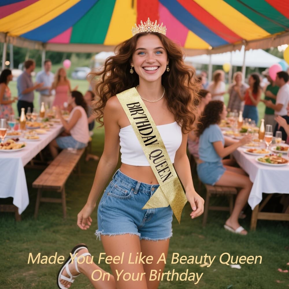 Birthday Queen Sash and Crown Set – Gold Rhinestone Tiara and Sash