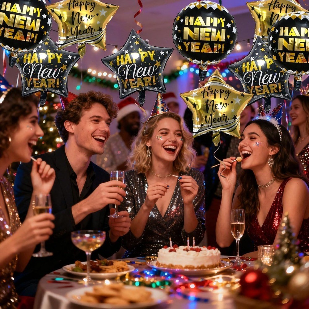 News Years Balloons Decorations – 9pcs Black and Gold New Year Balloons Happy
