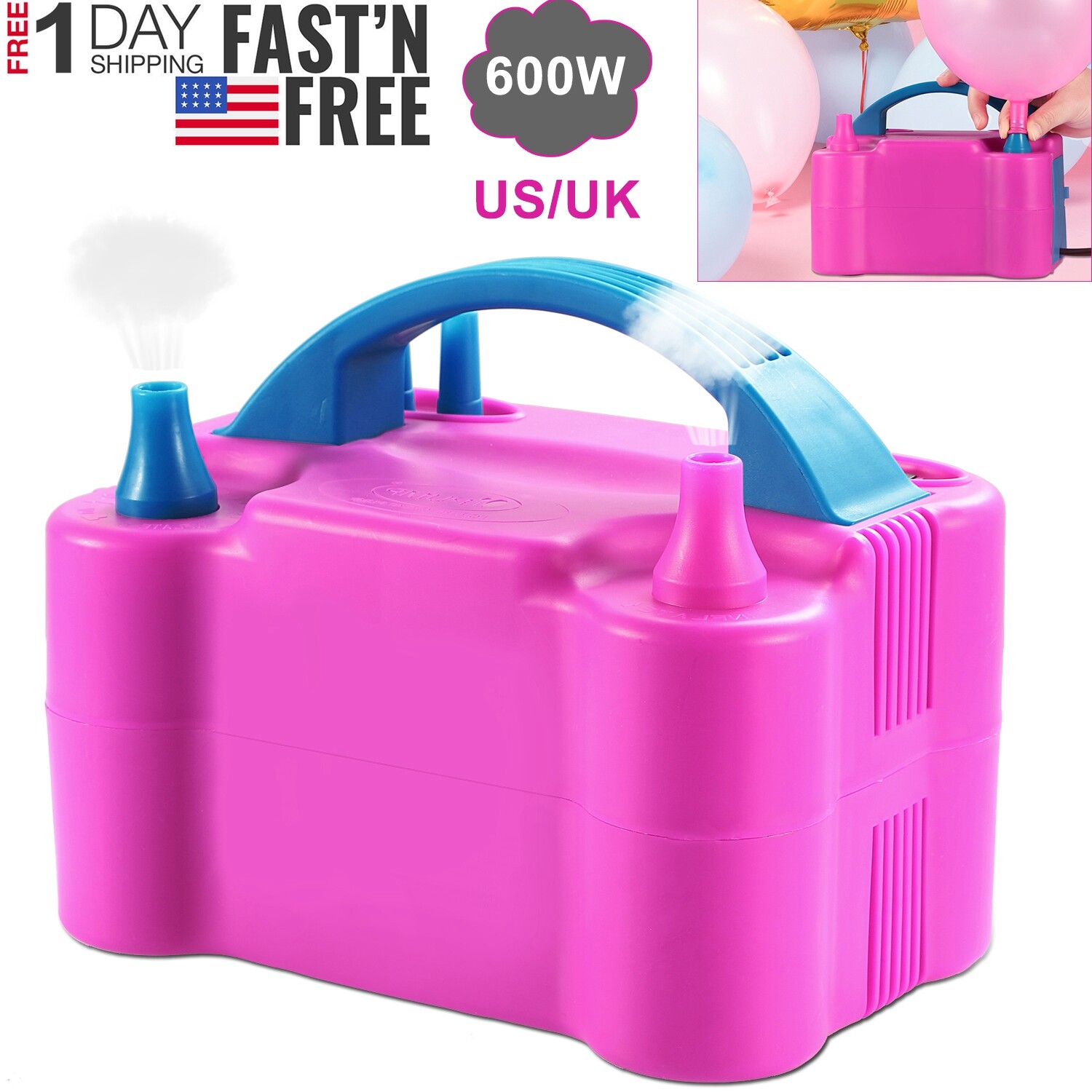 Portable Double Electric Balloon Air Pump Inflator 110V Blower Party Pink US