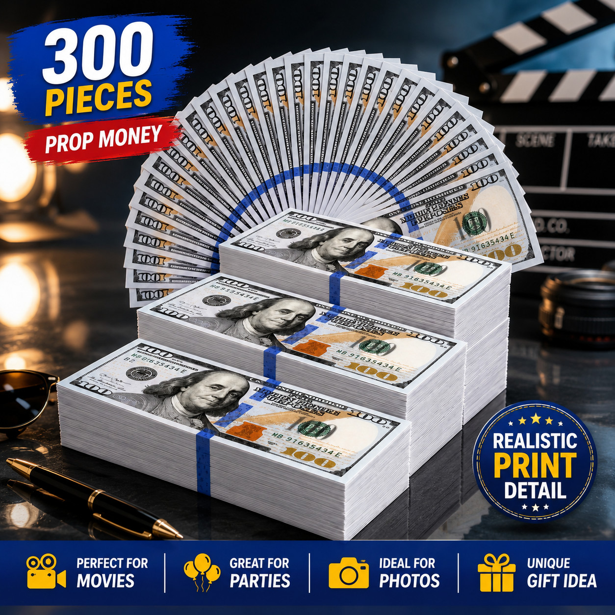 300PCS Play Money Prop Cash Bundle Realistic Fake Bills for Movie Scenes