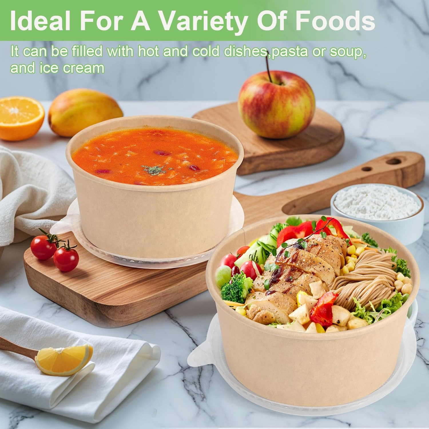 50 Pcs 32 Oz Disposable Meal Prep Containers Paper Bowls Lids Soup Hot/Cold