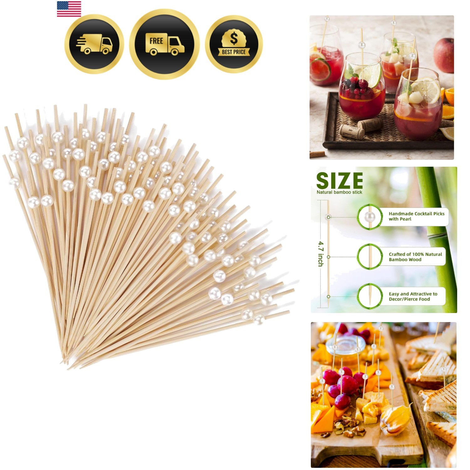 100 PCS] Cocktail Picks Toothpicks for Appetizers – 4.7 inch White Pearl Cock…