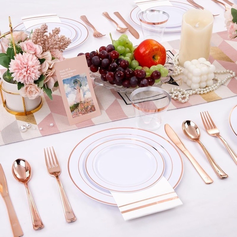 Rose Gold Disposable Plates Cups Cutlery Napkins Party Supplies Set 150pcs New