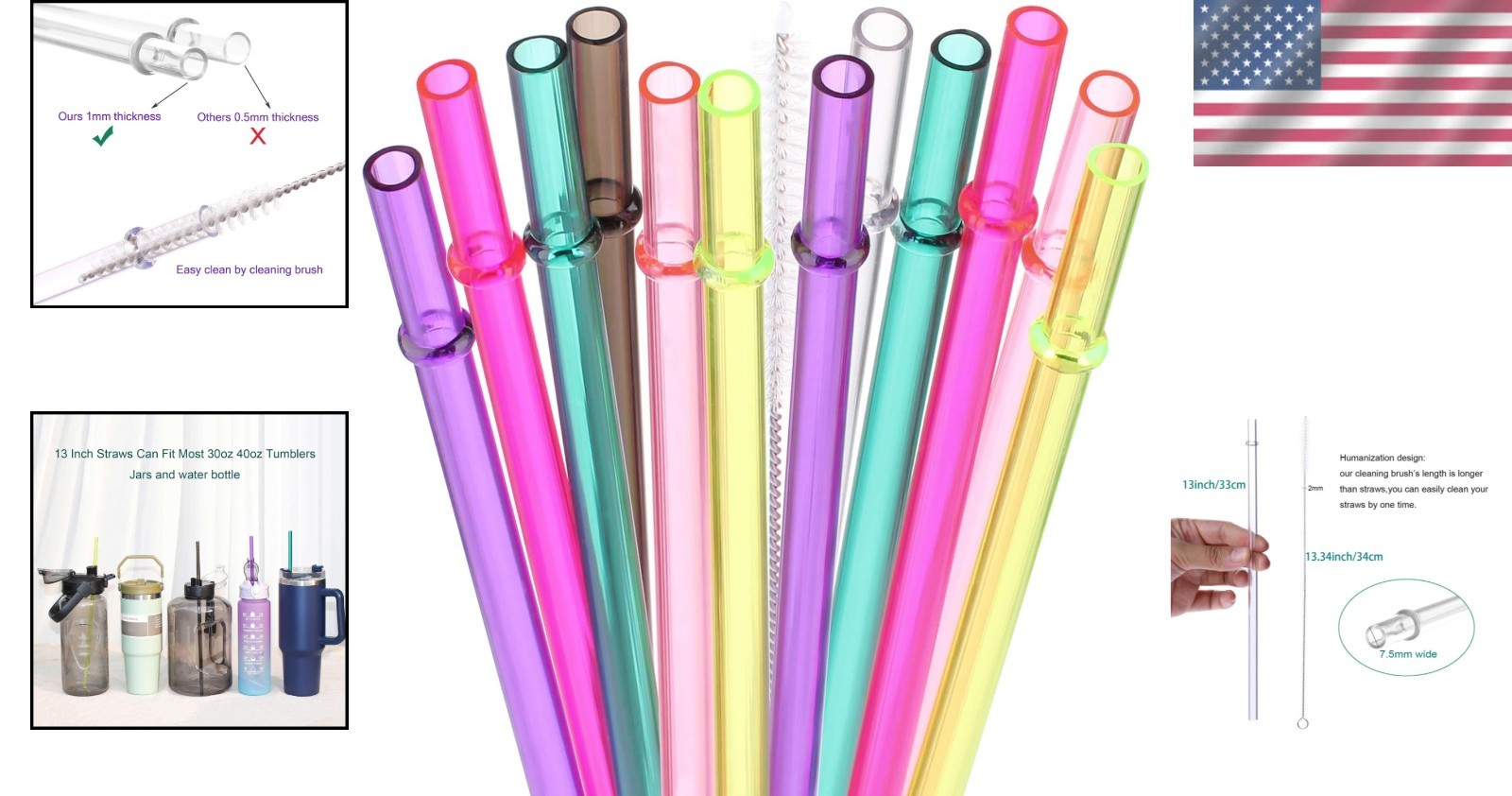 BPA-Free 13” Reusable Straws with Brush – Ideal for Hydro Flasks & Yeti Tumblers