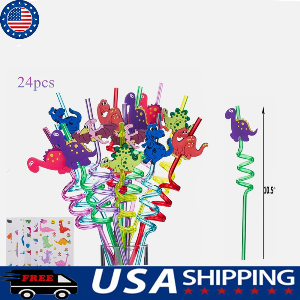 24 Straws +6 Tattoos Reusable Dinosaur Straws–Dinosaur Birthday Party Supplies