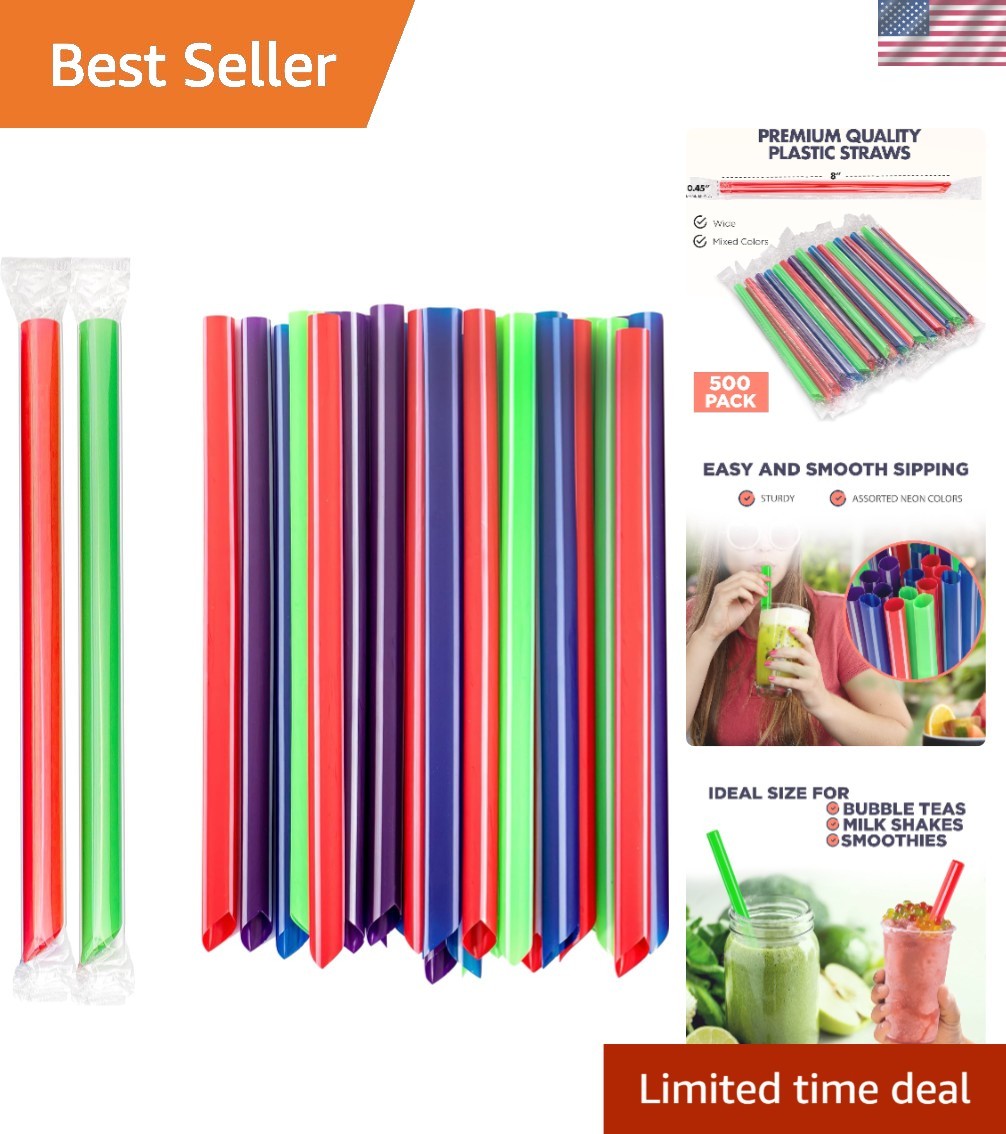 BPA-Free 500 Count Smoothie Straws – Fun Neon Colors & Individual Wraps