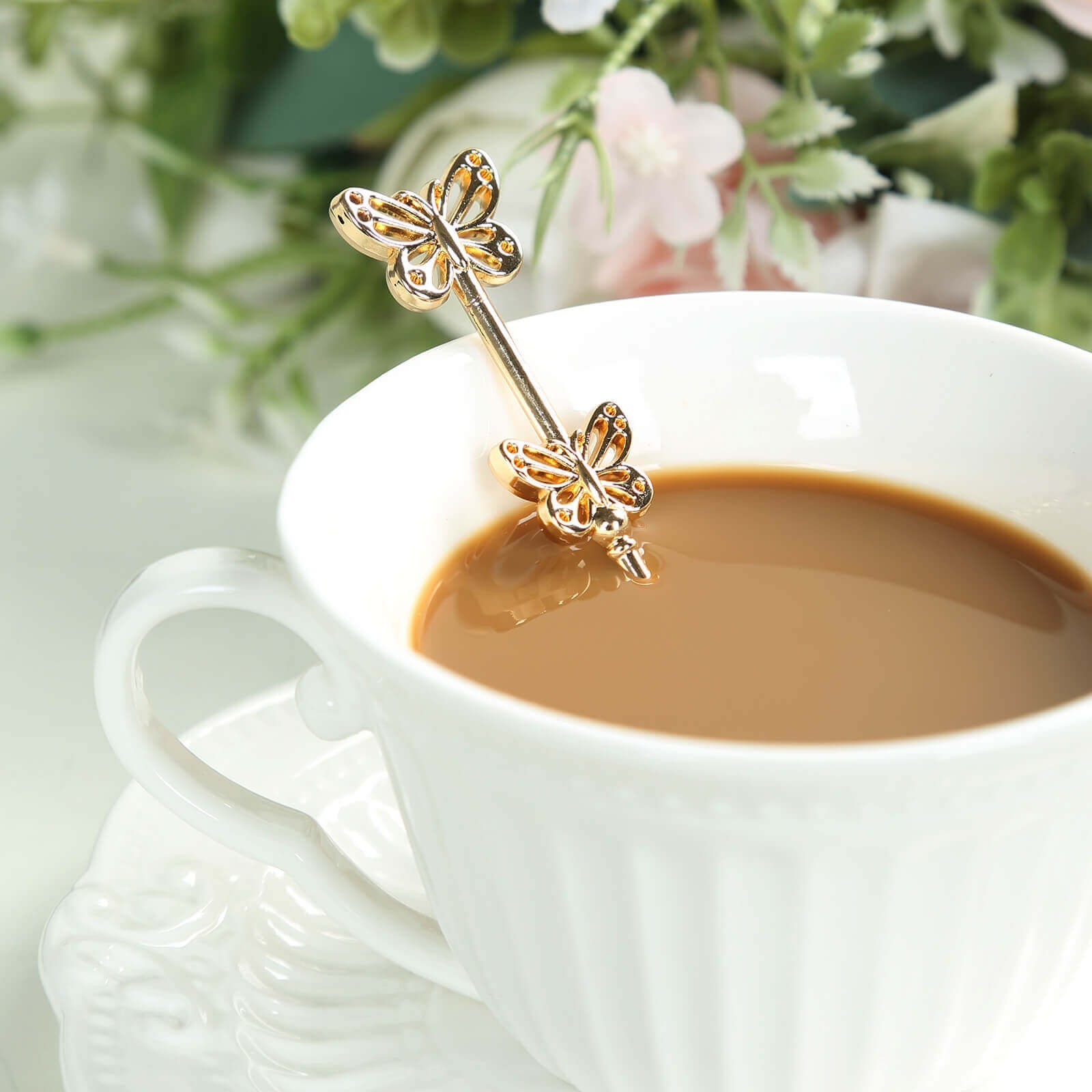 10 Gold Metal Butterfly Handle Coffee Spoons in Clear Top Black Gift Box Party