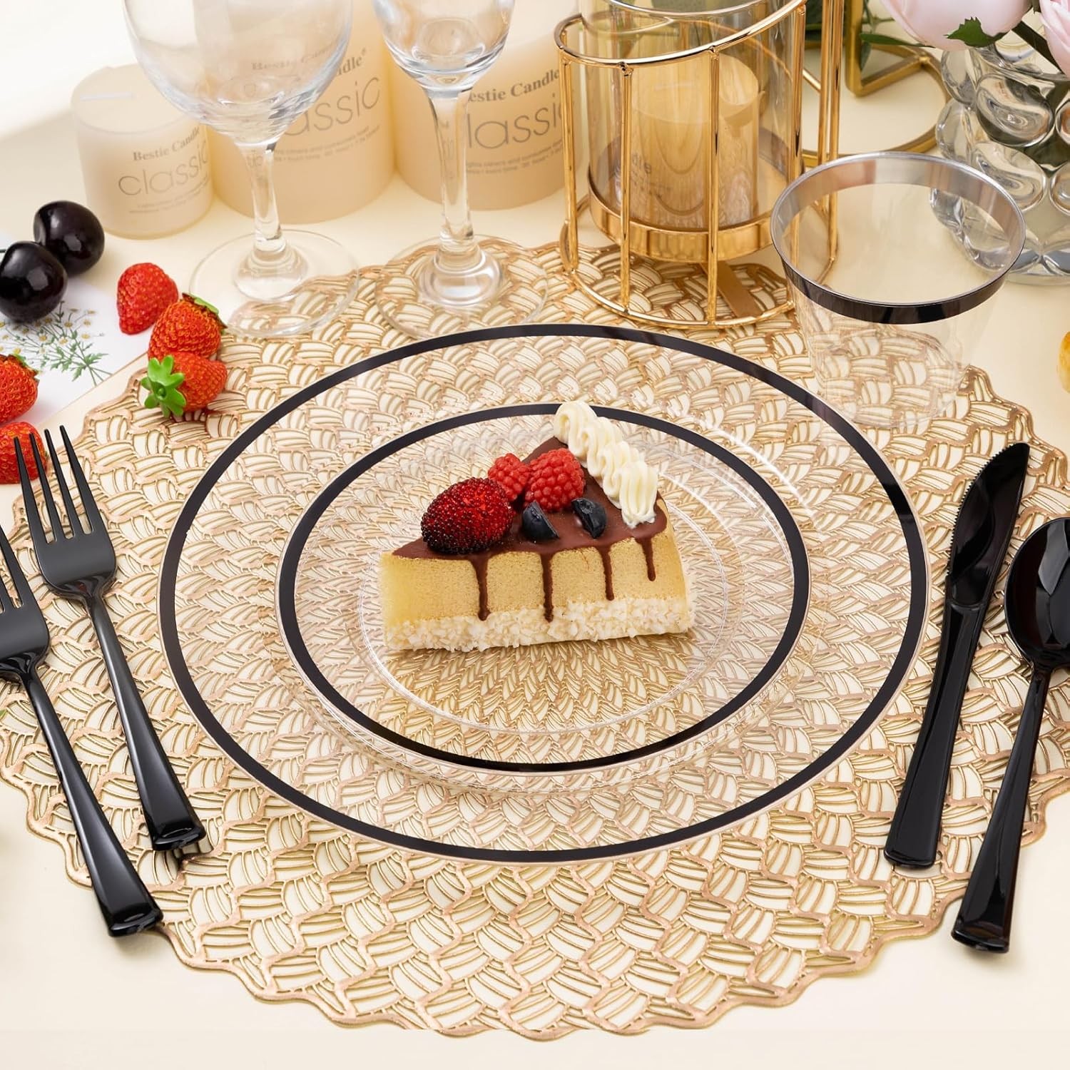 200PCS Black and Clear Plastic Plate, Black Disposable Plate
