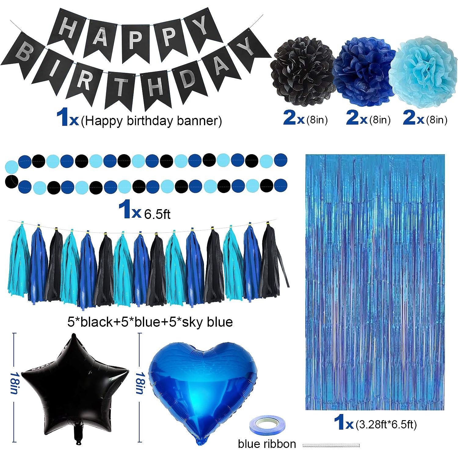 Blue and Black Happy Birthday Party Decorations kit for Boys Men Women with H…