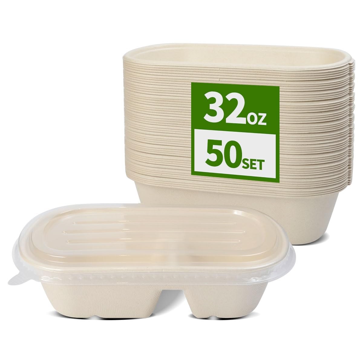 50 Pack Large 2 Compartment Paper Bowls With Lids Divider Food Containers Dispos