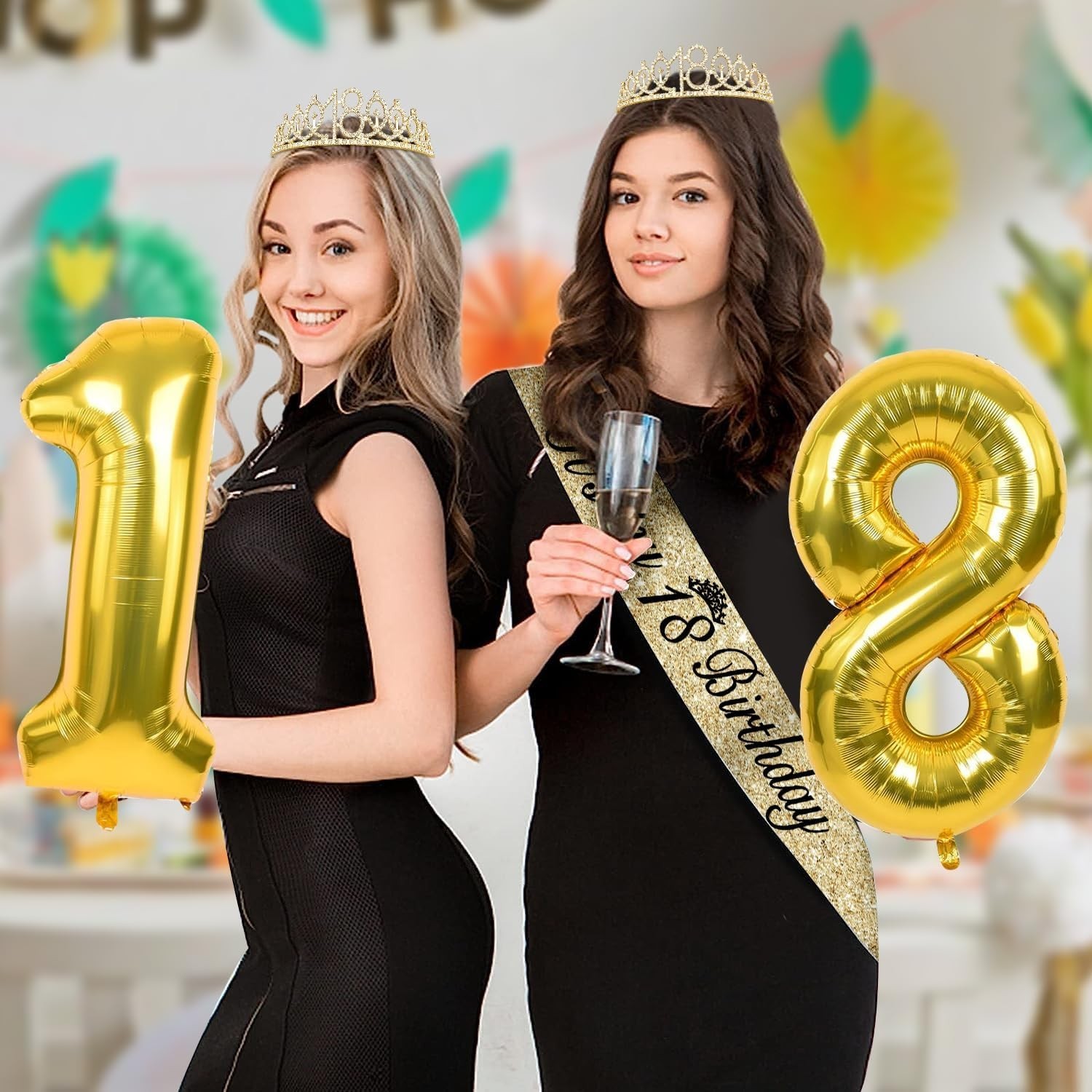 18th Birthday Decorations for Girls Gold with 18th Birthday Tiara and Sash, C…