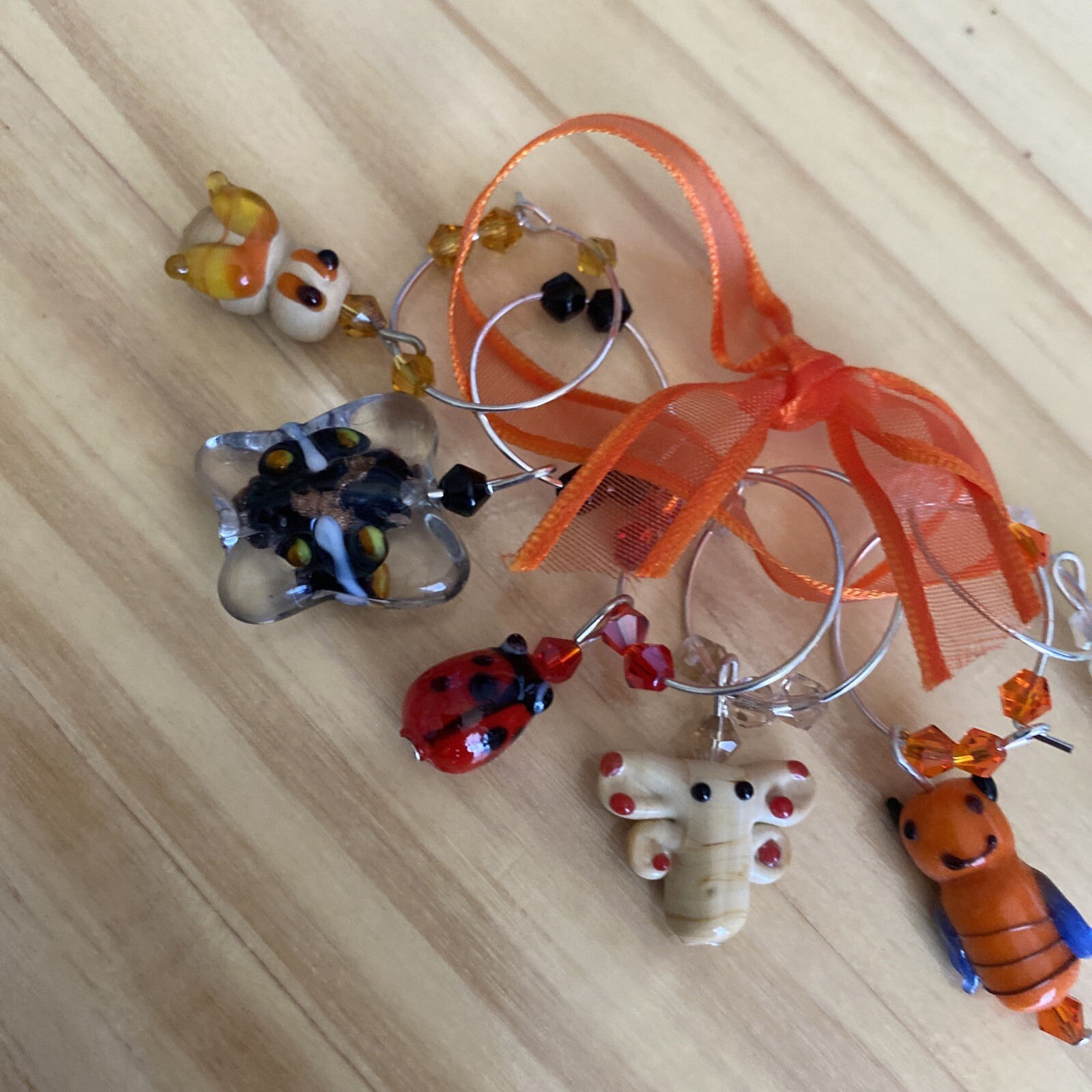 FUN BUTTERFLY LADYBUG GRASSHOPPER ETC. WINE GLASS CHARM RINGS SET OF 6
