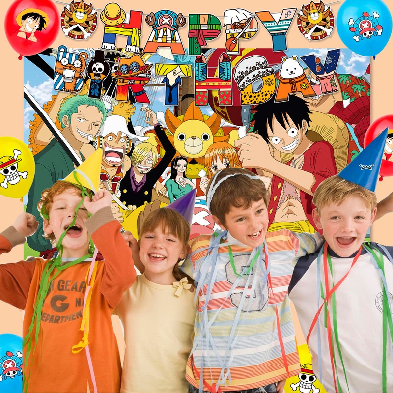 112 Pcs One Piece Party Decorations and Tableware Set Backdrop Plates Banner