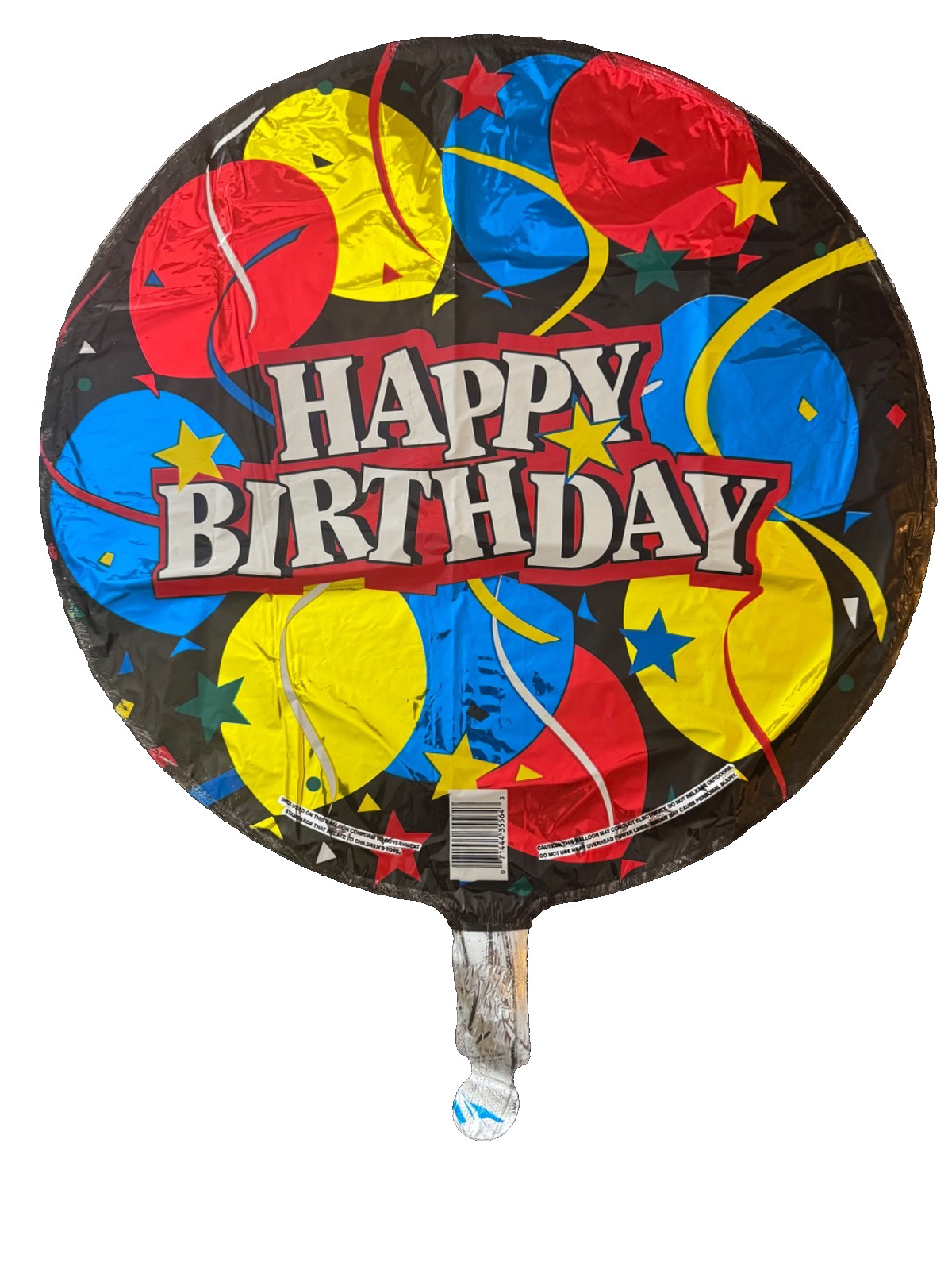 18″ Happy Birthday Foil Balloon- Black with multi color balloons and stars