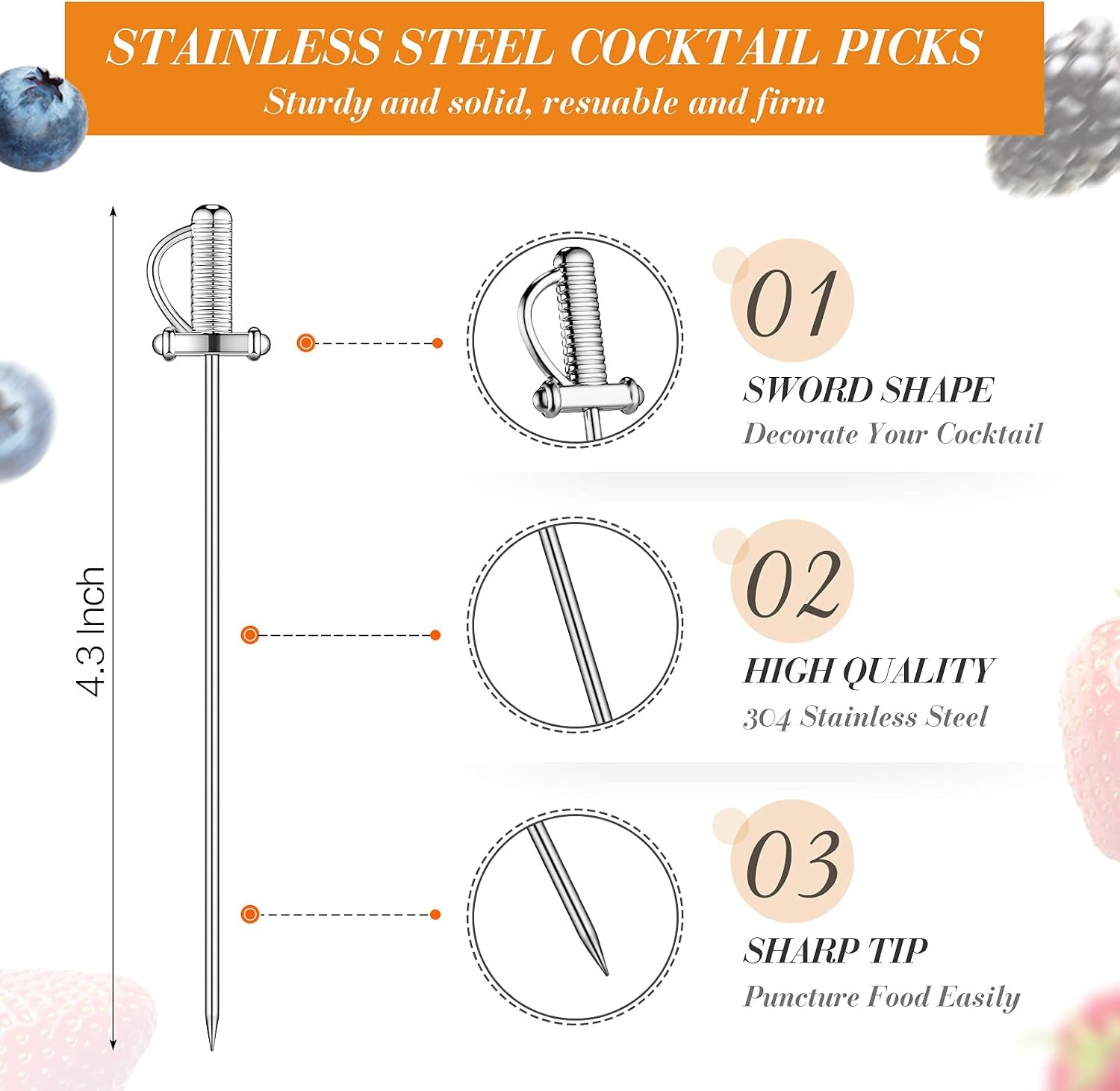 10 Pieces Stainless Steel Cocktail Picks Toothpicks 4.3 Inch Sword Metal Martini