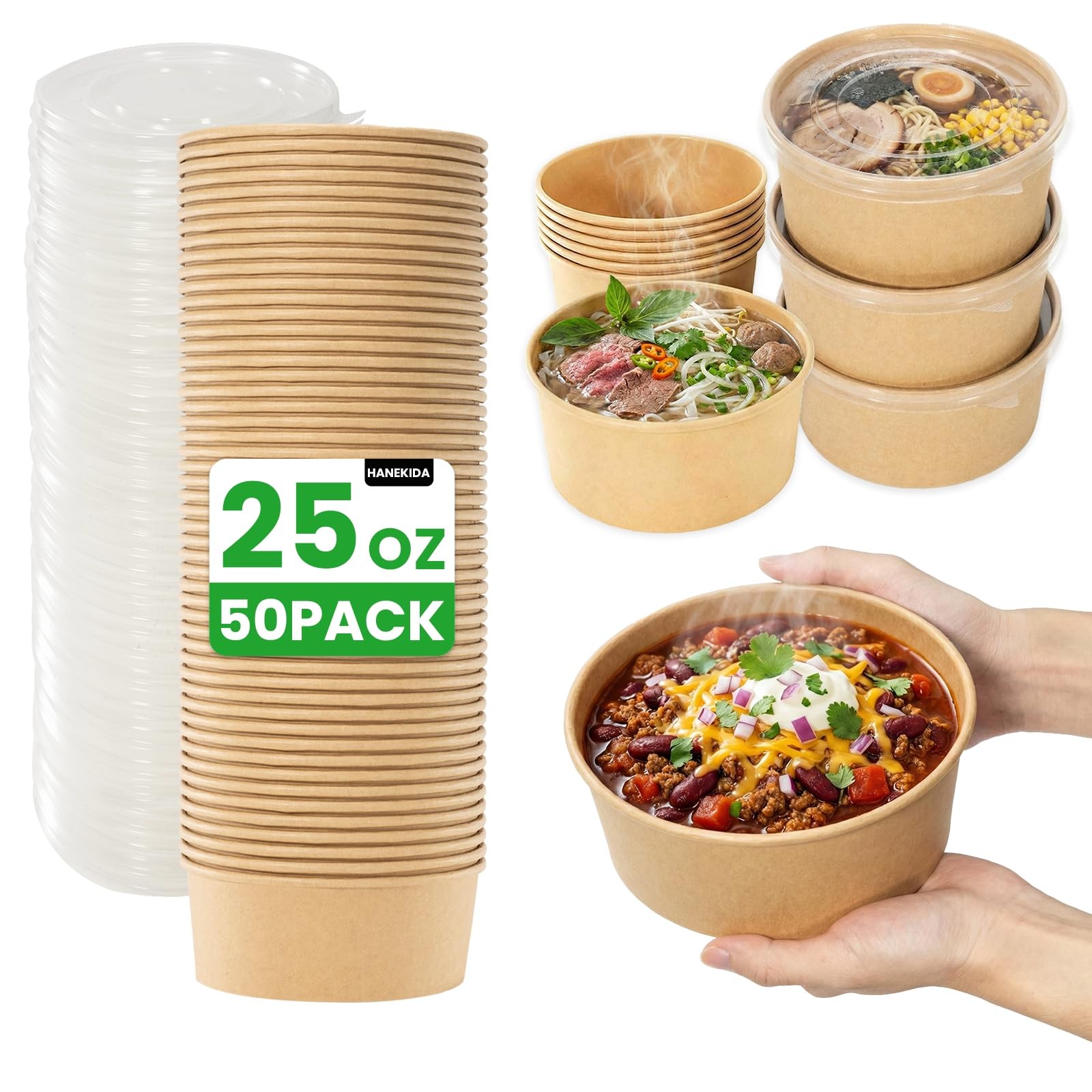 50 Count 25 oz Large Disposable Paper Bowls with Lids, Salad Containers for L…