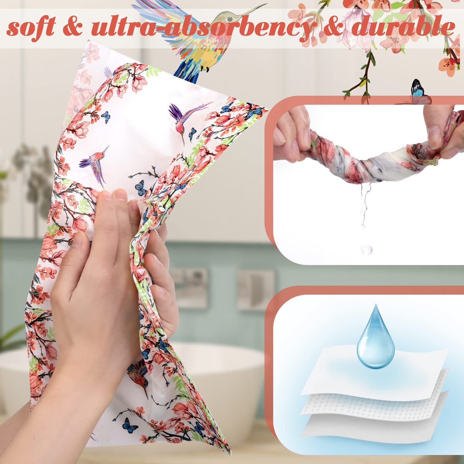Jetec 200 Count Flower Birds Disposable Bathroom Hand Towels Paper Guest Towels