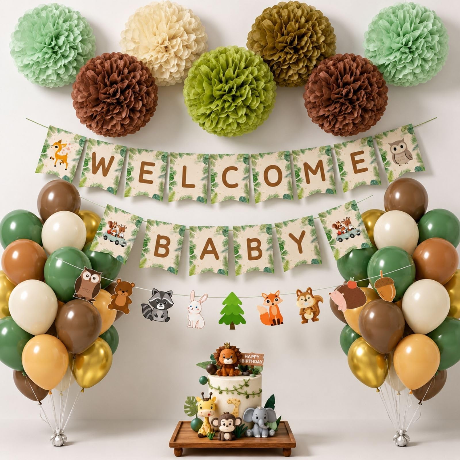 Woodland Baby Shower Decorations with Dark Brown Sage Green Beige Paper Pompo…