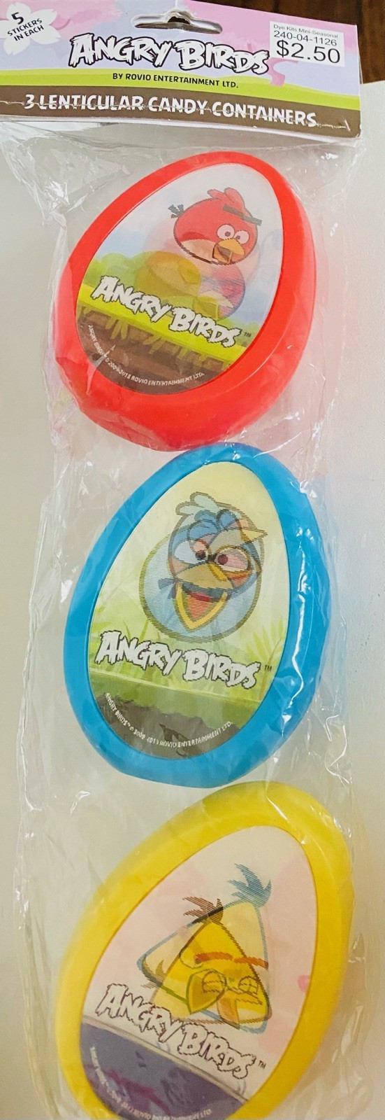 Angry Birds Vintage Lenticular Candy Containers 3 Pk Red Blue Yellow w Stickers