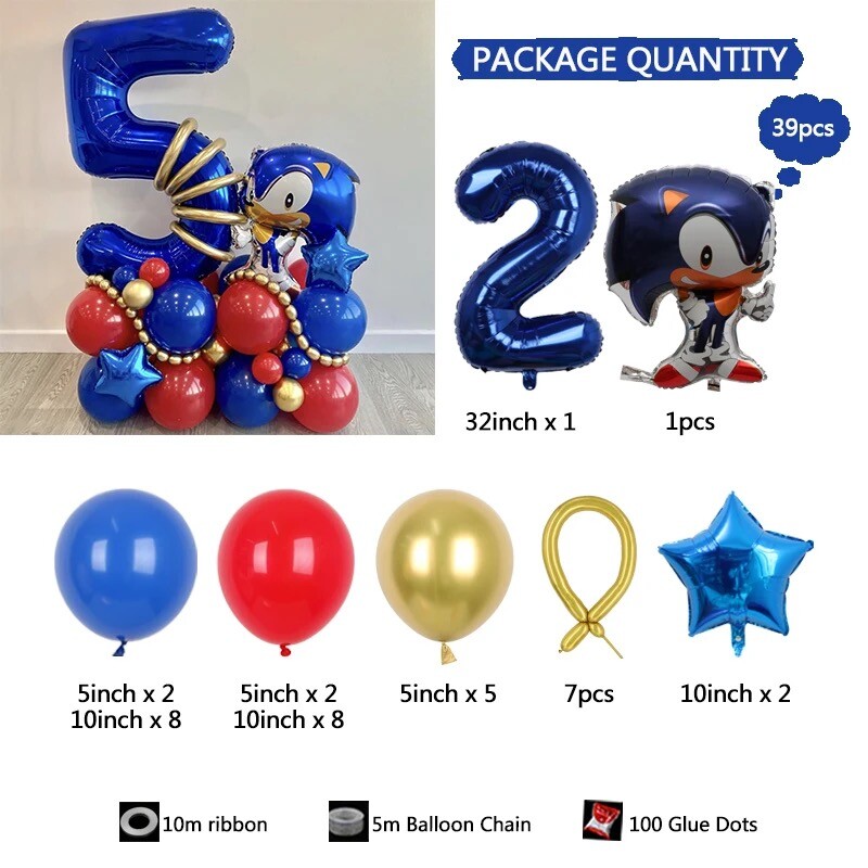 39pcs Sonic The Hedgehog Foil Number Balloons Birthday Decoration Boy Girl Sonic