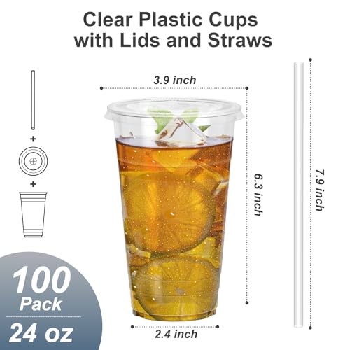 100 Pack – Clear Plastic Cups with Lids and Straws, Sturdy & Food 24 oz 100.0