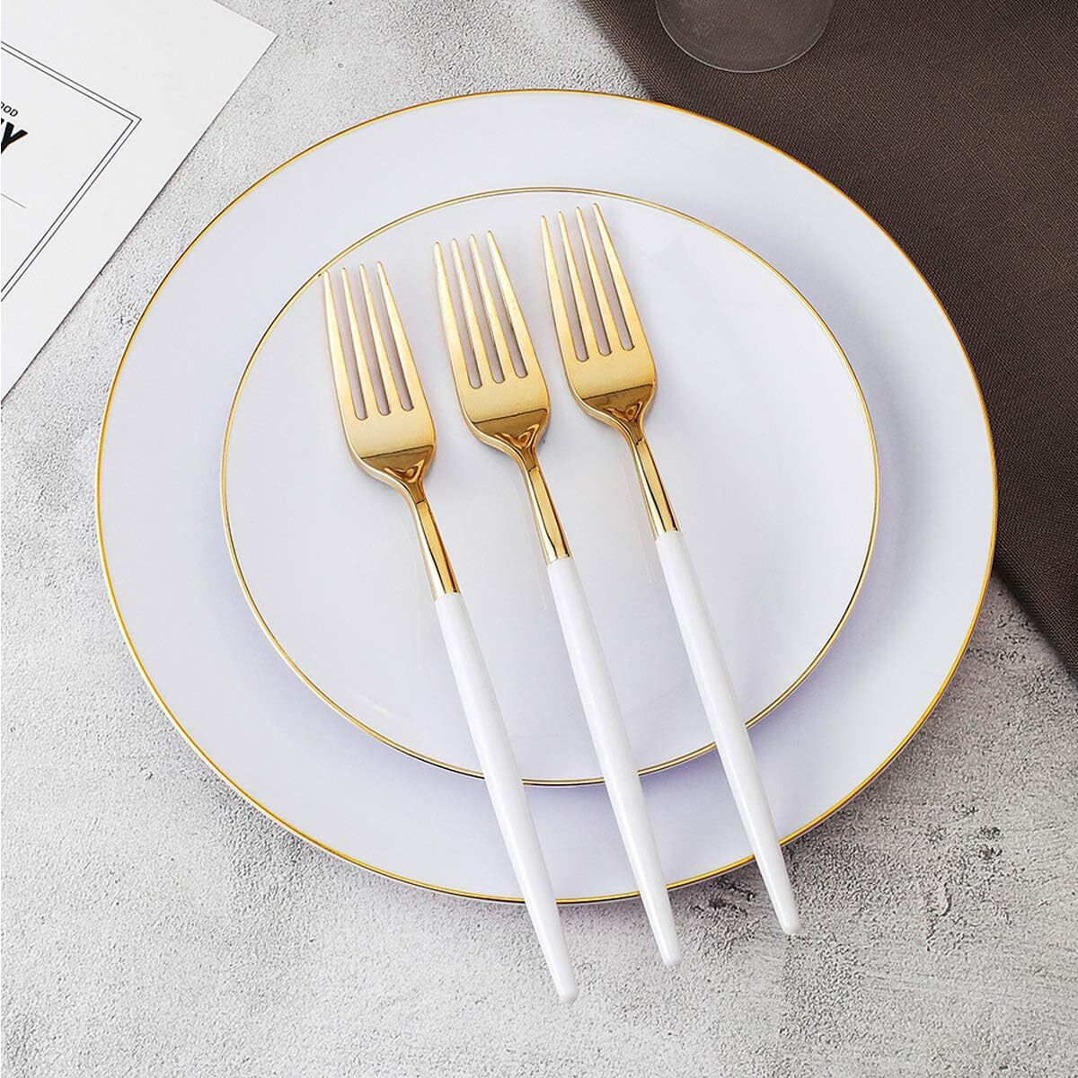 144 gold plastic forks, disposable gold cutlery with white handles