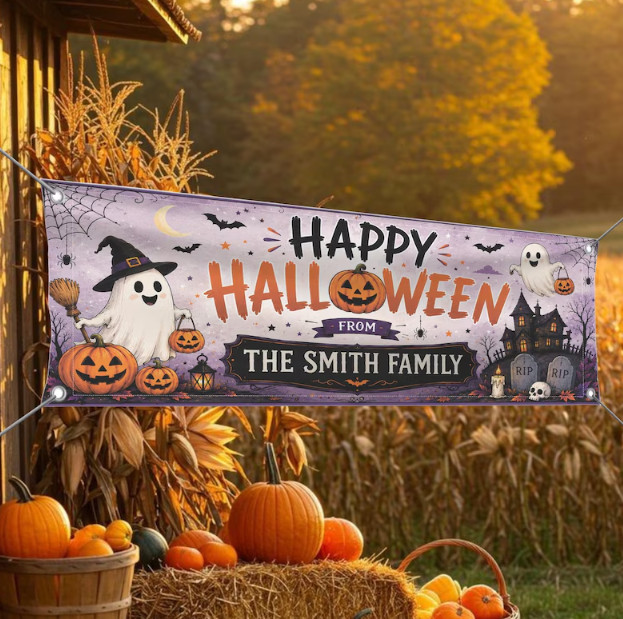 Personalized Family Halloween Banner – 71″ x 24″ – Spooky Ghost and Pumpkin