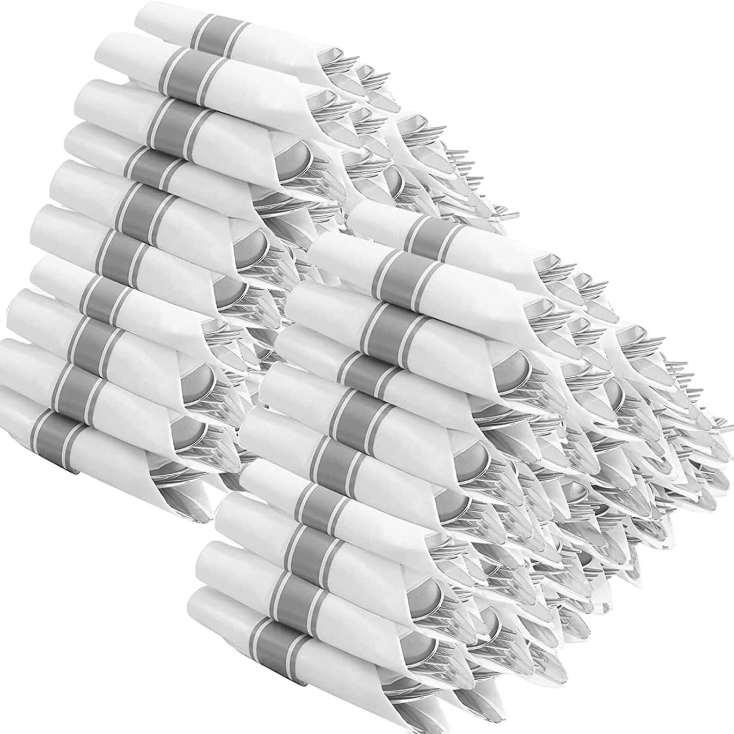 100 Pack Pre Rolled Silver Plastic Silverware Set, Disposable Wrapped Cutlery…