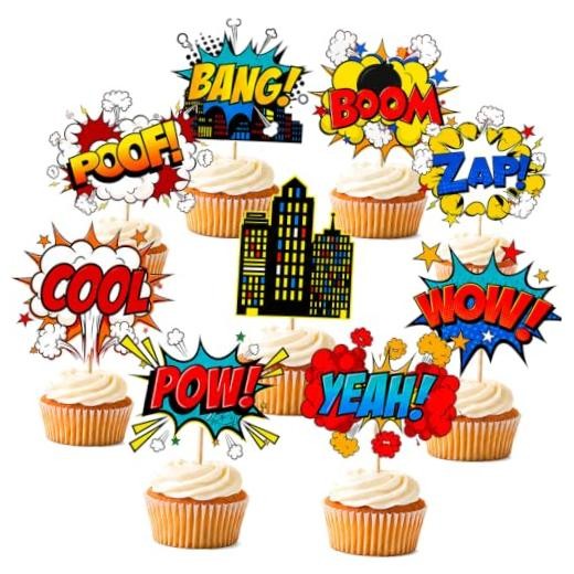 Hero Cupcake Toppers 36 PCS Hero Decorations Smash Crash Pow Picks for Hero