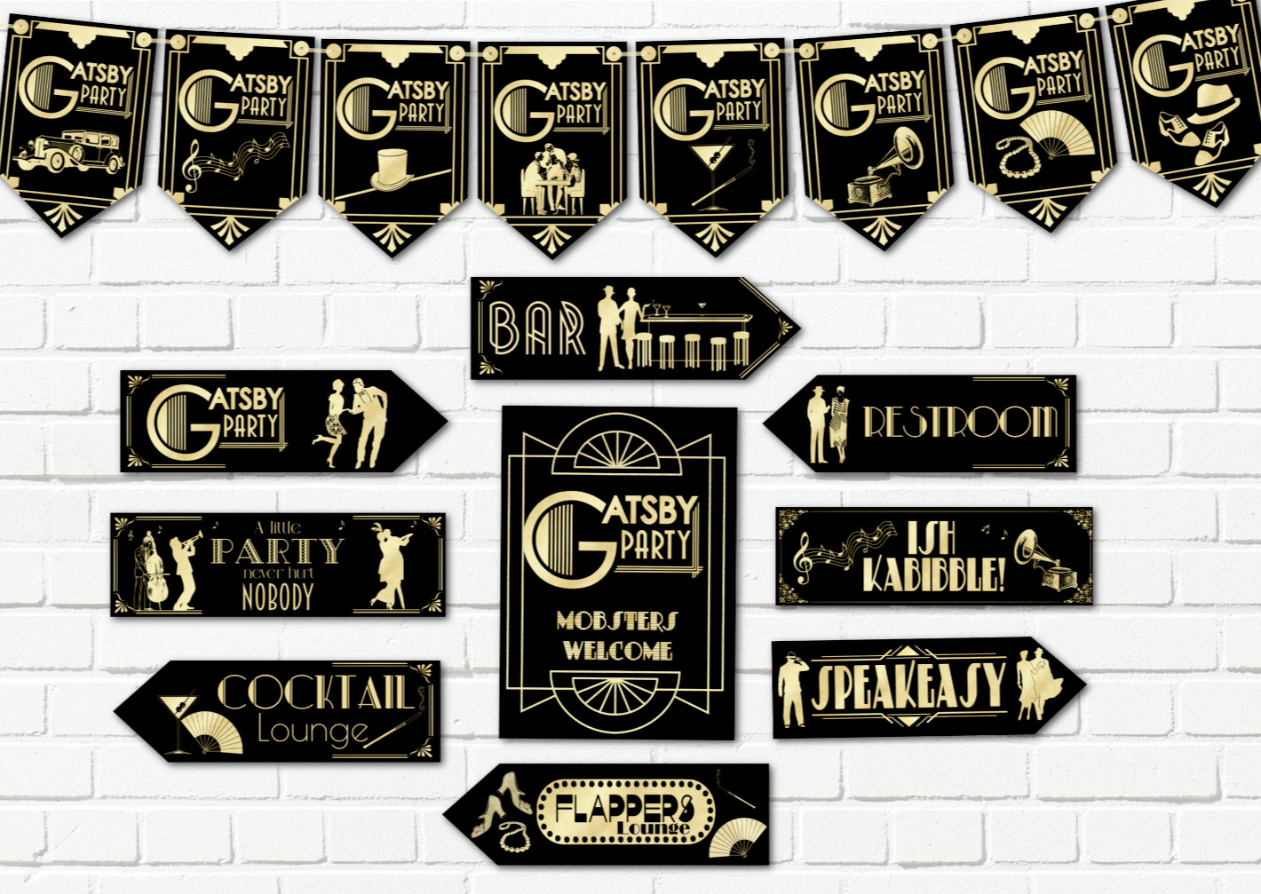 Gatsby Flapper Speakeasy Art Deco 1920s Party Bunting Arrows & Signs Decorations