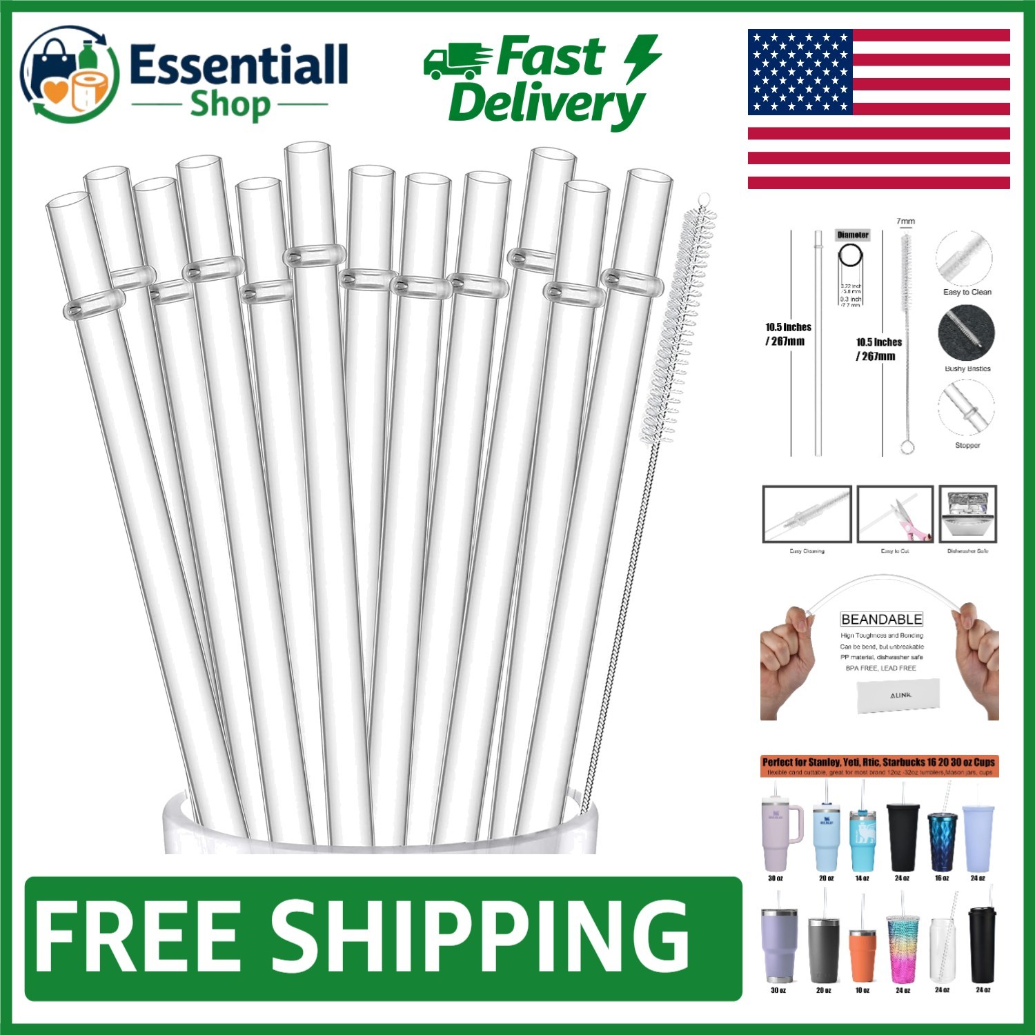 Dishwasher Safe 10.5 Inch Reusable Straws with Cleaning Brush – Perfect for YETI