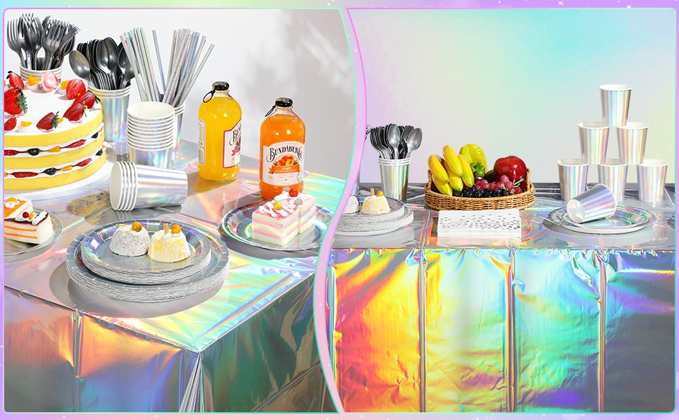 4 Pack Iridescent Plastic Tablecloths, Shiny Disposable Laser Rectangle Table