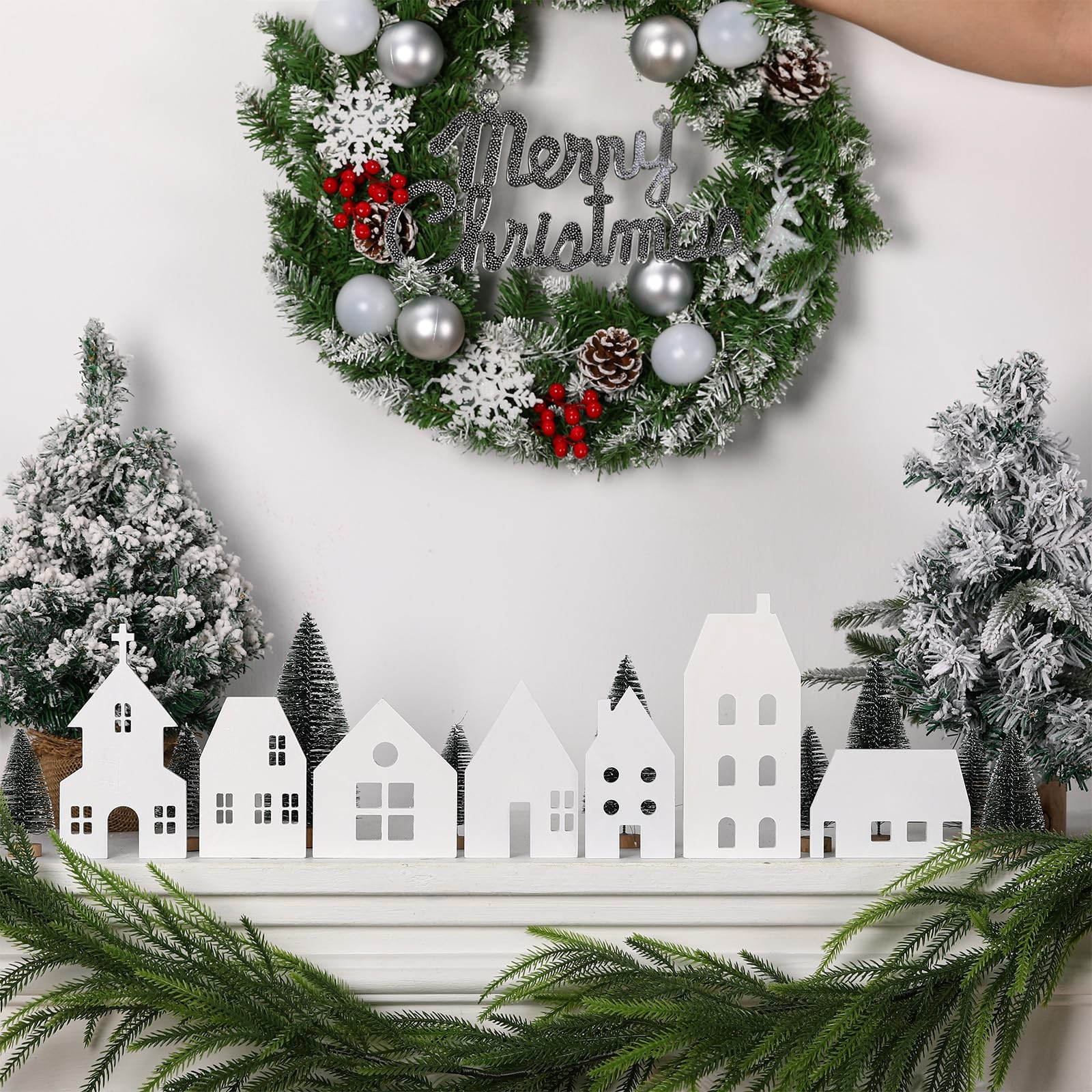 16 Pcs White Christmas Village Set with Cedar Pine Decor Wooden House Blocks …