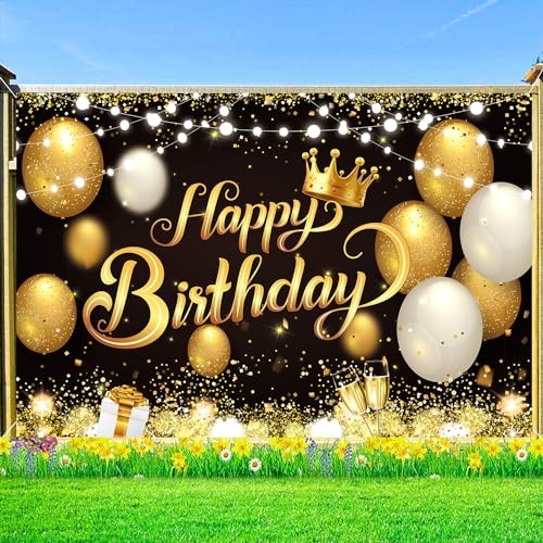 180×120 cm Gold Happy Birthday Party Backdrops Cloth 71×47 in. Glitter Black