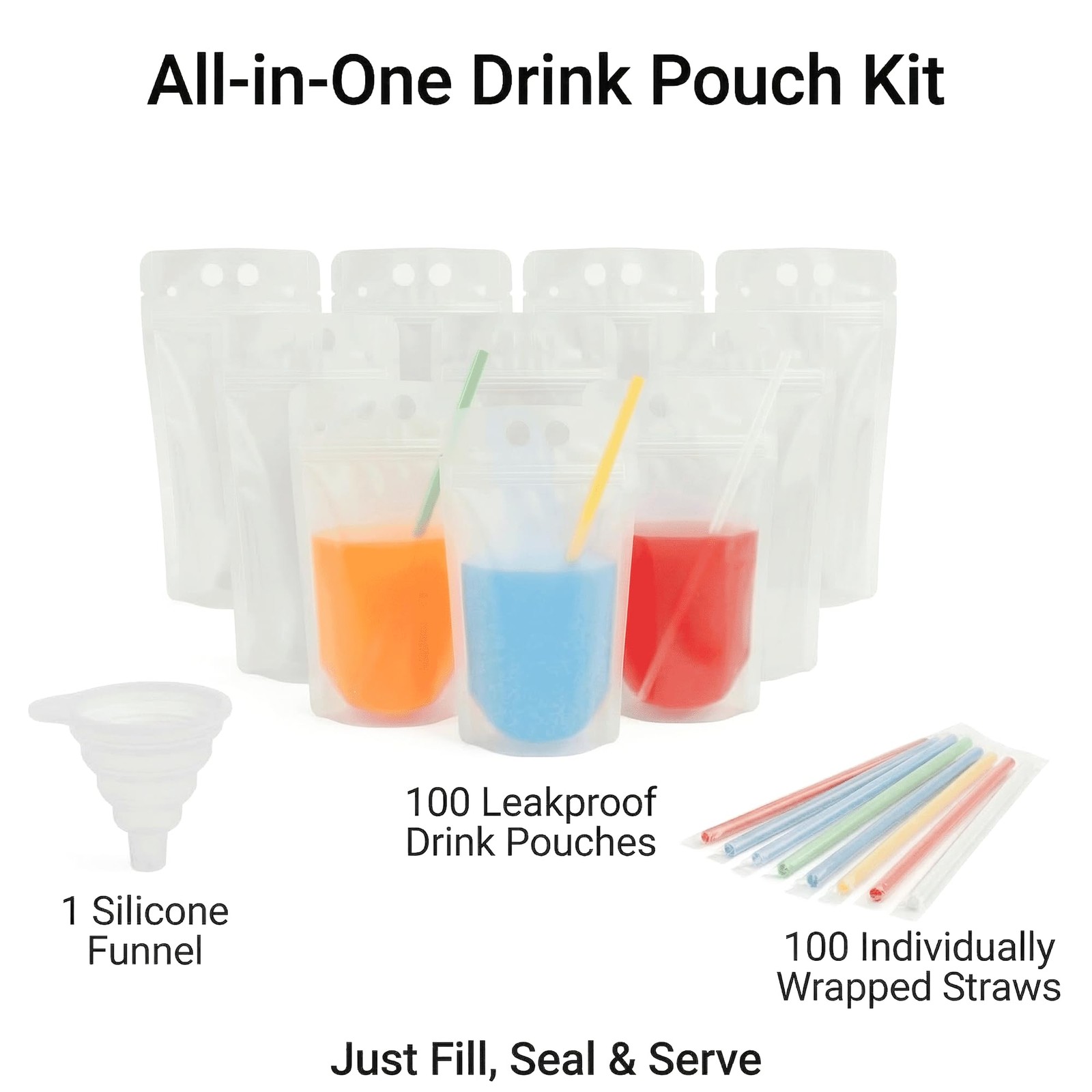 100PCS Drink Pouches with Side Straw Port, Resealable Drink Bag Set with Stra…