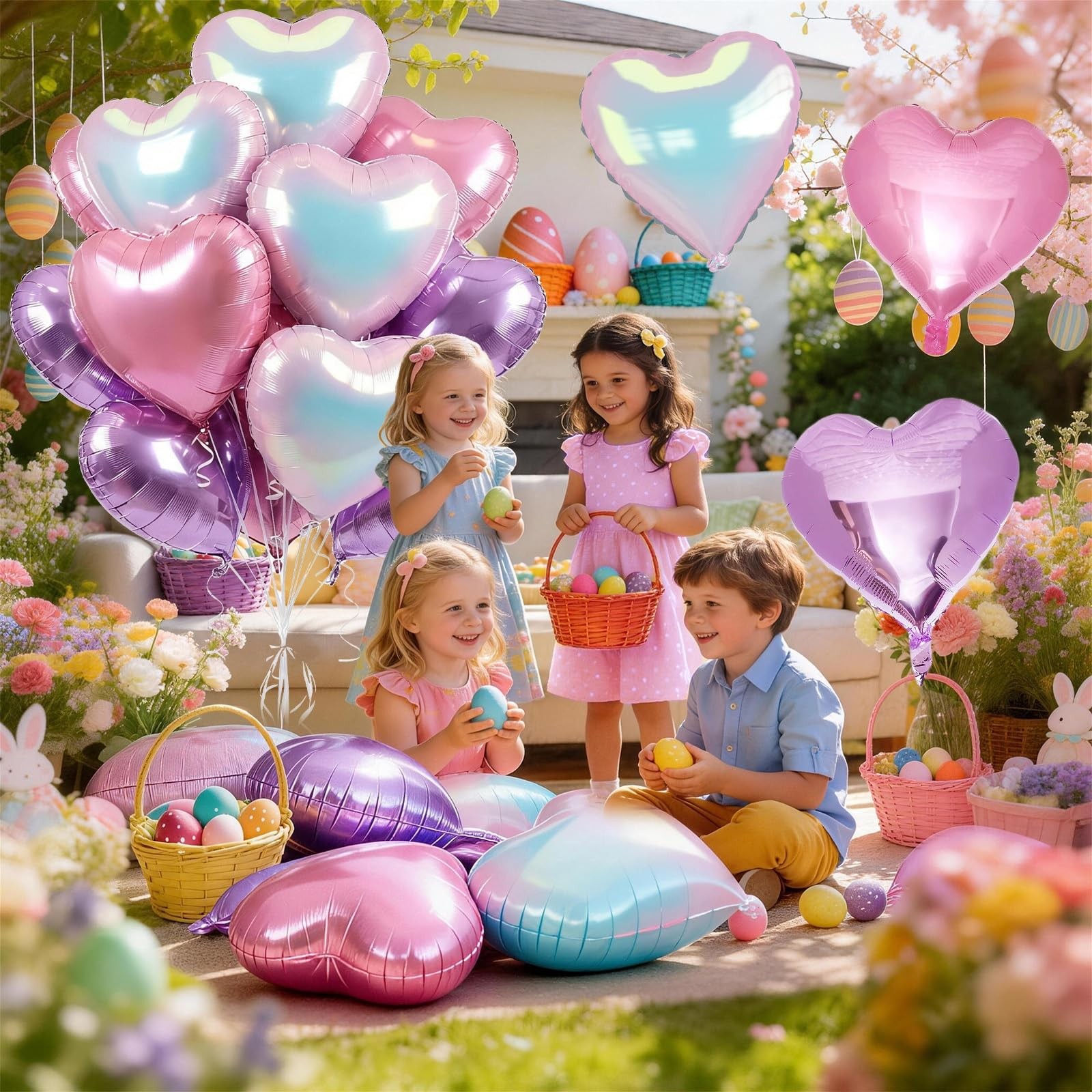 Pink Purple Iridescent Heart Balloons, 12 Pcs Light Pastel Pink Lavender and .