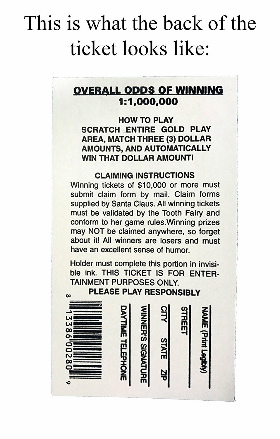Fake Lottery Tickets 6 Assorted Designs Free Shipping USA Seller WHOLESALE