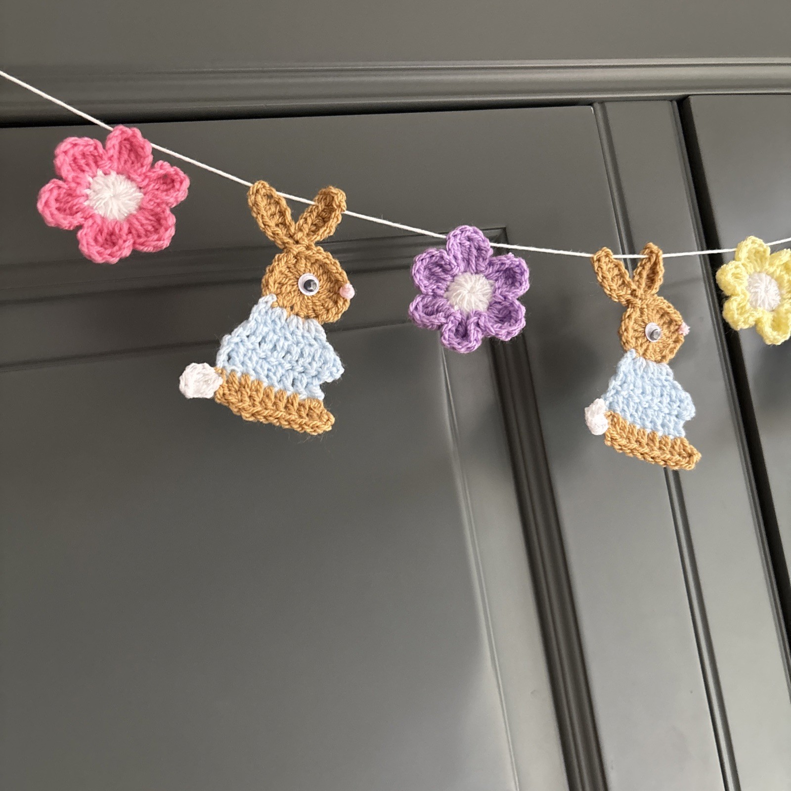 Bunny Rabbit & Flowers Garland/ Bunting Handmade Crocheted Nursery Home Decor