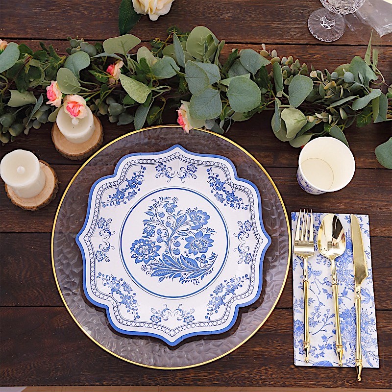 25 White Blue 10 in Floral Disposable Dessert Paper PLATES Scallop Trim Party