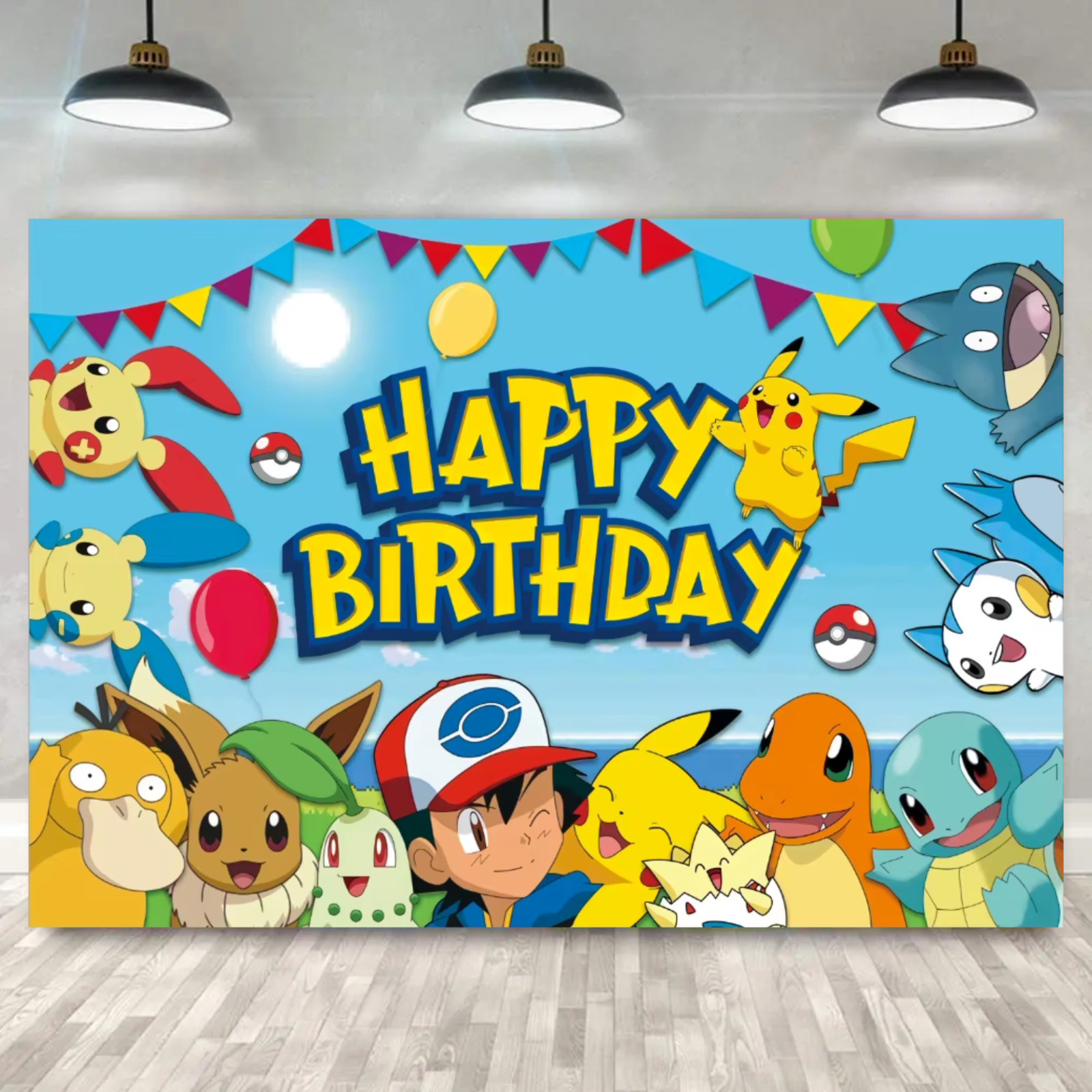 Pokemon Theme Birthday Party Backdrop Decor 5x3ft Blue Pikachu Banner Decoration