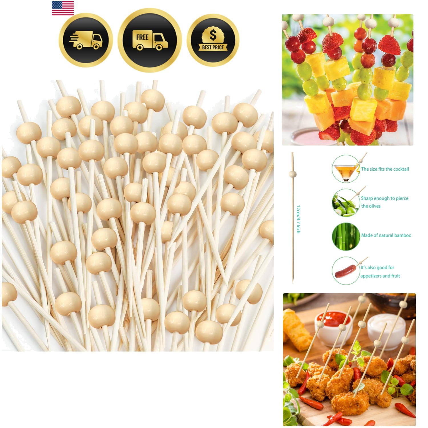 Wooden Cocktail Picks with Beads,200 Pcs 4.7 Inch Natural Bamboo Appetizer Sk…